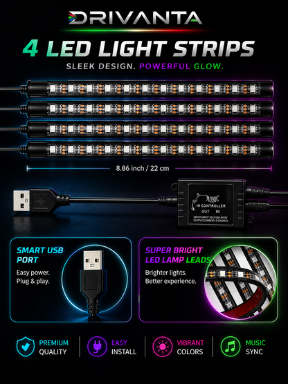 Drivanta™ RGB Car Interior LED Lights (App + Remote Control)